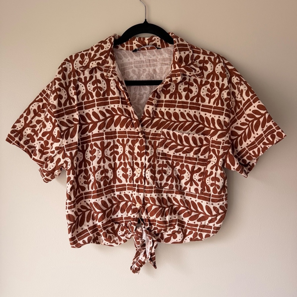 Zara Brown and White Button Down Shirt